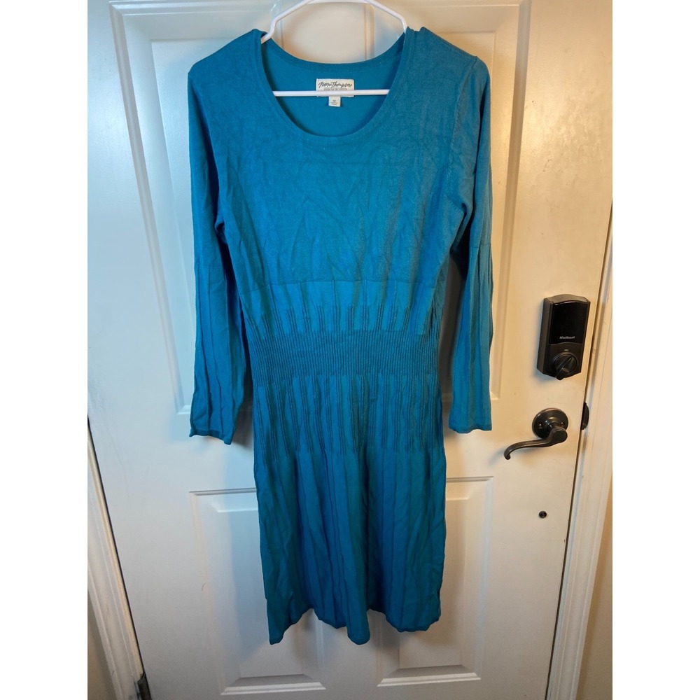 NORM THOMPSON Sweater Knit Dress Blue Pullover Fit Flare Medium Soft Cozy
